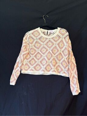 Crochet Diamond Knit Sweater Top - Pink & Cream
